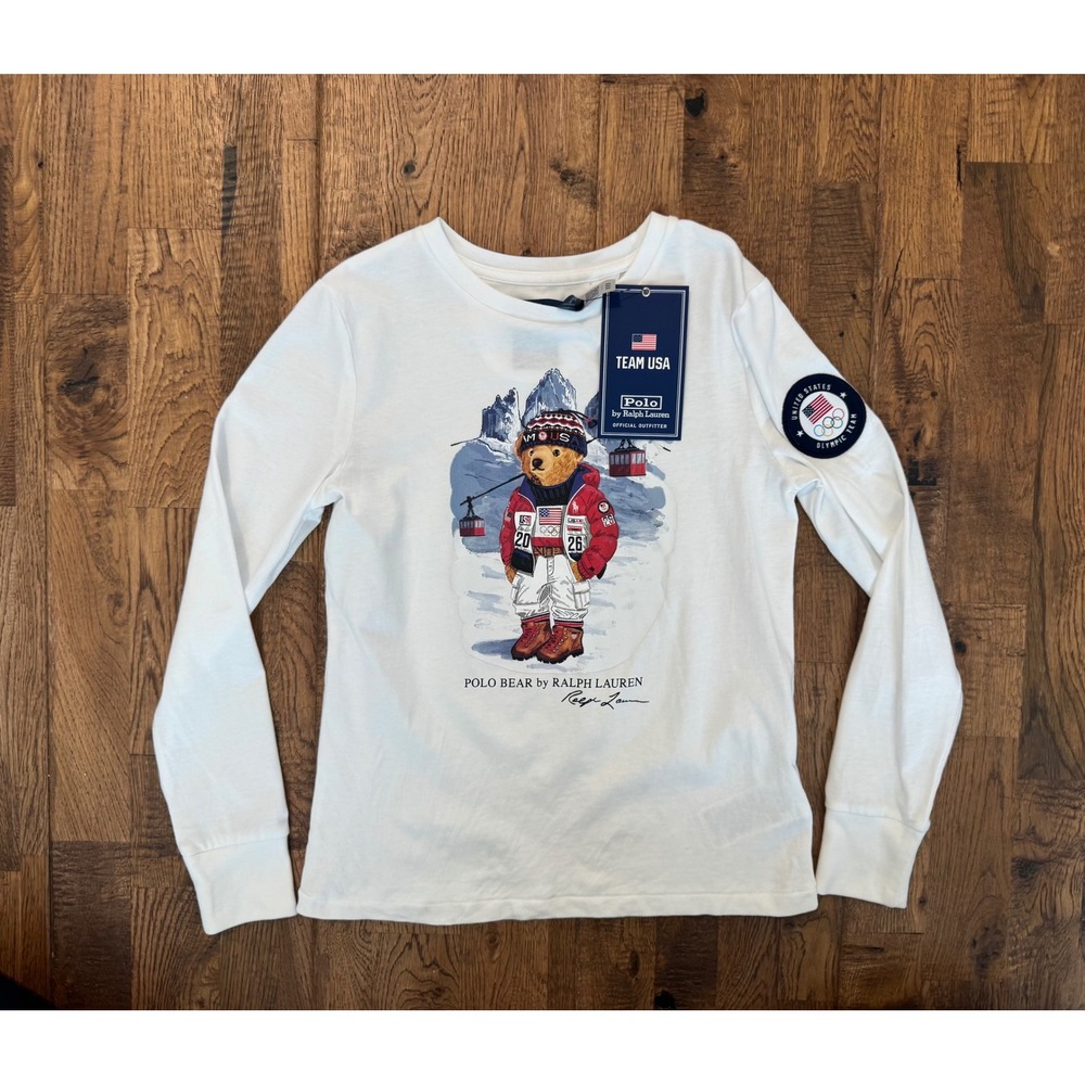 NWT Ralph Lauren Team USA Polo Bear Olympics Long Sleeve T-Shirt Size M 8 10